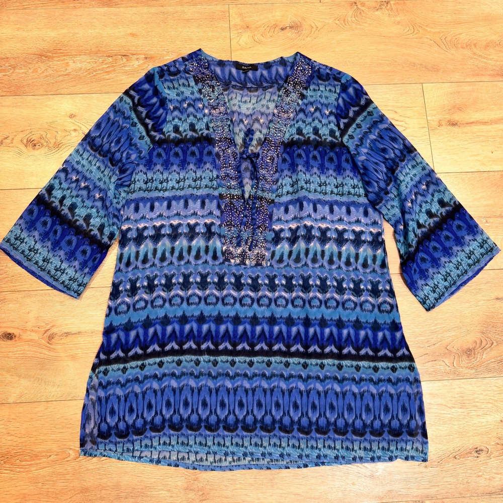 RAVIYA Blue Abstract Print Embellished V Neck Swim Coverup Top Medium M